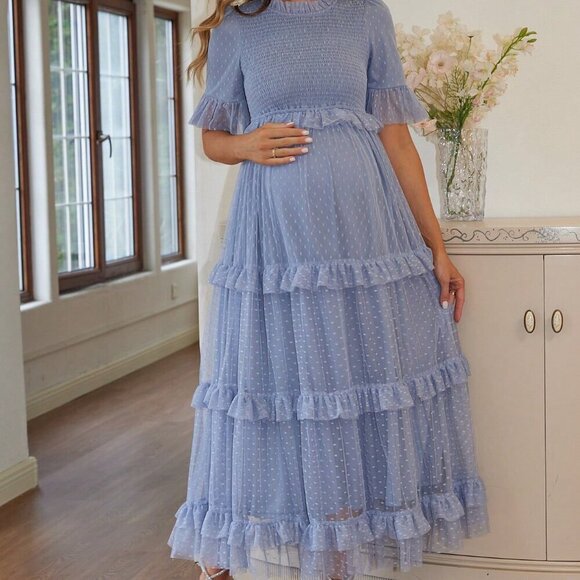 Blue Elegant Women's Polka Dot Printed Maternity Dress With Ruffle Hem - Picture 3 of 6